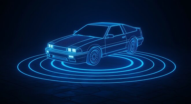 Retro car blueprint with neon lines modern technology and futuristic design