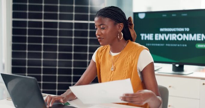 Creative, black woman and reading document in office to prepare for environment presentation. Person, paperwork and laptop with sustainable report, climate change awareness and eco friendly proposal