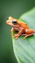 Orange tree frog sits on a green leaf, displaying its large eyes and textured skin in a lush natural environment.