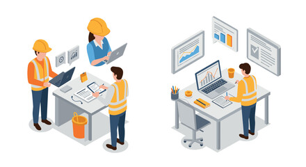 Obraz premium Workers in office environment with laptops and charts in isometric design