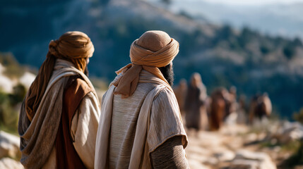 Religious biblical background featuring faceless people dressed in biblical period clothing ancient historical times Christian historical narrative spiritual atmospheric scene