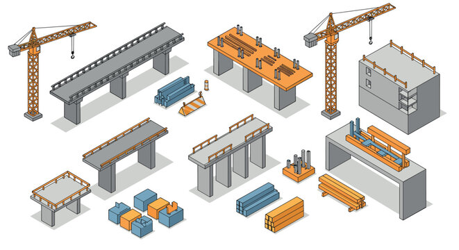 Isometric construction set with cranes and bridges