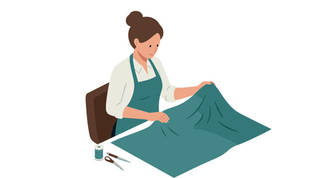 Woman seamstress sitting at table with fabric in seamless pattern making process