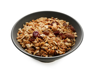 Tasty granola with nuts and raisins isolated on white