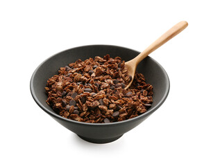 Tasty granola with chocolate chips isolated on white