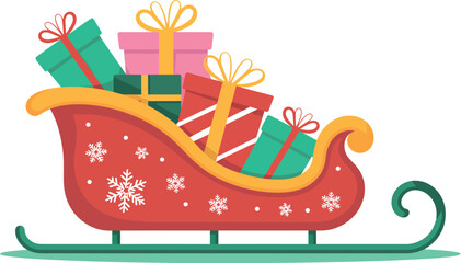 Illustration of a red christmas sleigh filled with colorful wrapped gifts and bows