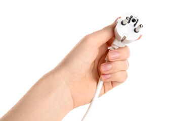 Woman holding plug on white background, closeup