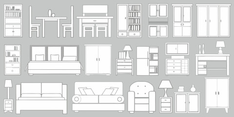 Collection of white line art furniture icons for interior design and home decor on a gray background