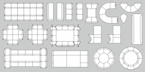 Collection of flat lay packaging box templates and die cuts for folding and assembly