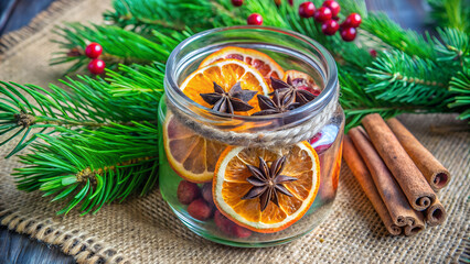 Festive rustic holiday jar with dried citrus spices pine branches and berries on burlap winter decor background