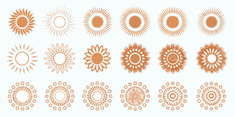 Collection of diverse sun and floral inspired circular graphic elements in warm orange tones