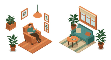 Cozy home interior scene with modern isometric design of living room and furniture