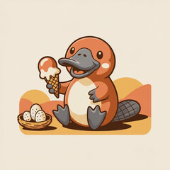 Cute Whimsical Platypus Eating ice cream Vector Illustration