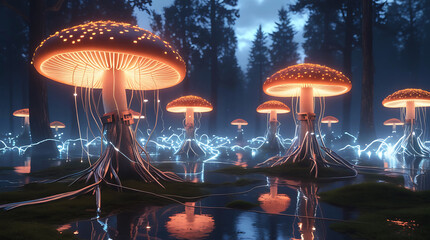 Enchanted forest with glowing mushrooms and mystical atmosphere