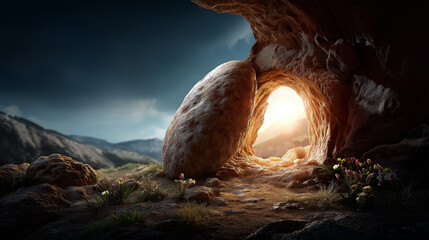 Empty tomb entrance with massive stone rolled completely back away Easter resurrection story culmination powerful biblical miracle site Christian faith foundation event vacant