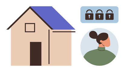 House with blue roof and brown walls, three locks symbolizing security, and a person in a headset. Ideal for safety, customer support, homeownership, technology, privacy, reliability simple flat