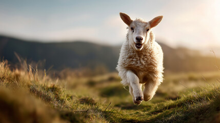 Fototapeta premium Innocent lamb running joyfully to Jesus Christ open arms Good Shepherd powerful symbolism biblical pastoral imagery Christian faith and care divine loving compassion spiritual
