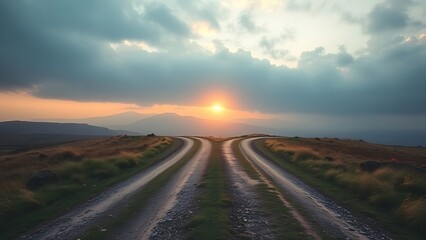 divergence. A symbolic crossroads diverging into two paths, representing life choices under atmospheric lighting. wellbeing guides.