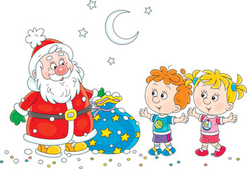 Funny Santa Claus with his magic bag of Christmas gifts for happy little children, vector cartoon illustration on a white background