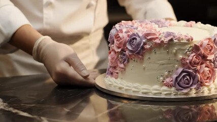 Pastry chef in white uniform decorating cake on polished counter