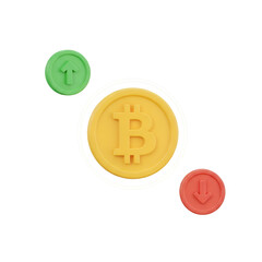 3d icon of bitcoin cryptocurrency coin with up and down arrows isolated on transparent background