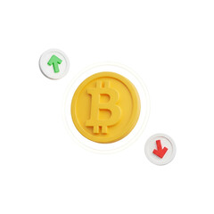 3d icon of bitcoin cryptocurrency coin with up and down arrows isolated on transparent background
