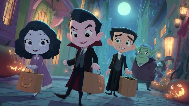 A Mischievous Halloween Adventure: Animated Characters Trick-or-Treating in a Spooky, Lantern-Lit Street Surrounded by Pumpkins and Full Moon in Autumn Night