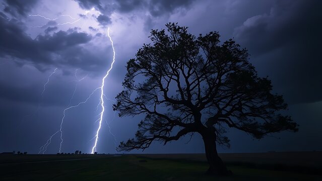 superego. A lone tree bent by strong winds during a stormy night with dramatic lighting. ESG reports, sustainability campaigns, designed for sustainability communications and ESG reporting.