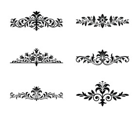 Collection of six ornate floral decorative elements isolated on white background