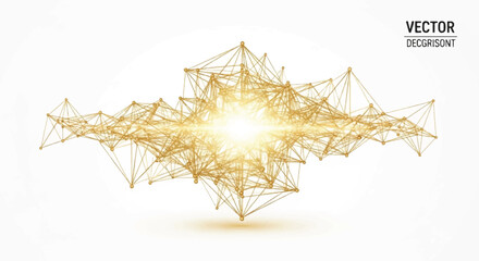 Golden geometric network illustration with interconnected lines and nodes radiating light on a white background.