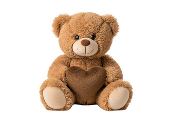 A fluffy brown teddy bear with a heart detail on its chest isolated on transparent background