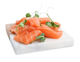 Fresh salmon sashimi with microgreens isolated on white