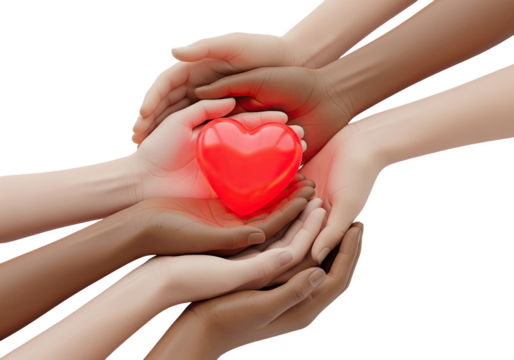 Diverse group of hands cupped together holding a glowing red heart isolated on transparent background