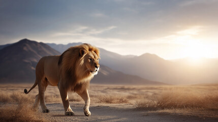 King Lion of Judah walking powerfully through vast desert wilderness symbolizing spiritual strength and kingship in Christian faith biblical messianic imagery divine authority