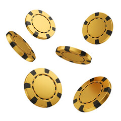 Golden casino chips scattered and falling isolated on transparent background