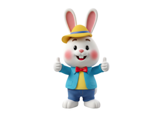 Cute cartoon easter bunny character wearing a hat and blue jacket giving thumbs up isolated on transparent background