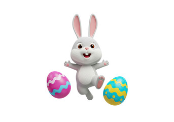 Cute cartoon easter bunny with painted eggs celebrating spring holidays isolated on transparent background