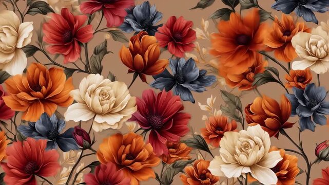 A vibrant floral arrangement depicts a seamless pattern of colorful blooms with leaves, and stems