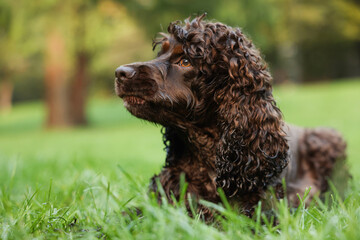 Beautiful Irish water spaniel dog in park