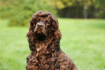 Beautiful Irish water spaniel dog in park. Space for text
