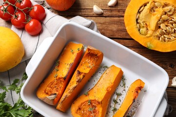 Baked pumpkin and ingredients on wooden table, flat lay