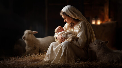 Traditional nativity scene showing Saint Mary tenderly holding newborn Jesus Christ in humble manger gentle animals gathered in stable Christian religious Christmas illustration