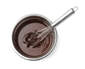 Melted chocolate and whisk in bowl isolated on white, top view