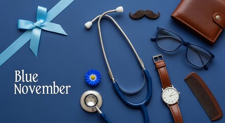 Blue November concept flat lay with ribbon, stethoscope, and masculine accessories