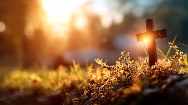 Silhouette of Christian cross standing on grass in beautiful golden sunrise background spiritual powerful symbolism Easter Christian faith religious sincere devotion divine rad