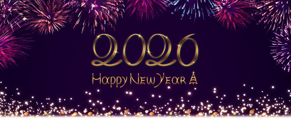 New Year 2026 lettering with fireworks lights in the purple background.