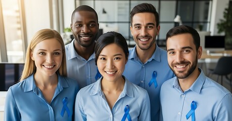 Group of coworkers wearing blue shirts and ribbons in modern office, awareness month concept