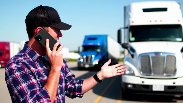 A trucker in cap, plaid shirt, talks on the phone near big rigs on a sunny day