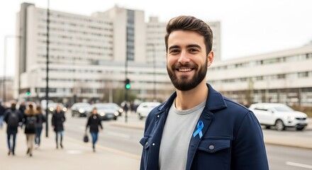 Young man posing for "Movember campaign" with a blue ribbon on his jacket, city background