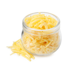 Grated cheese in jar isolated on white
